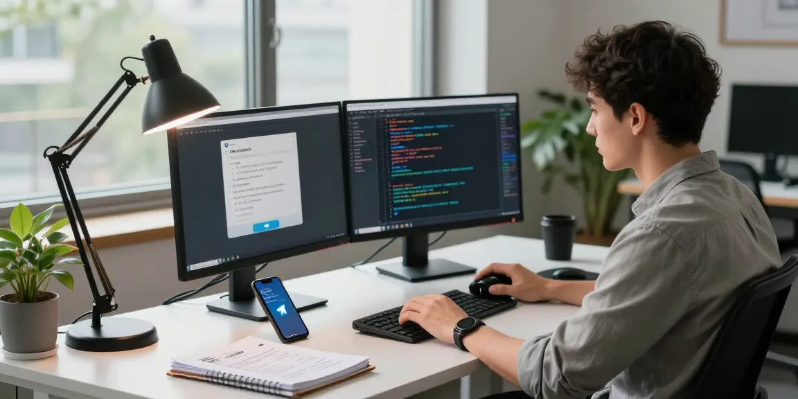 Download Telegram on a modern tech workspace featuring dual monitors and a desk setup, showcasing productivity in 2026.