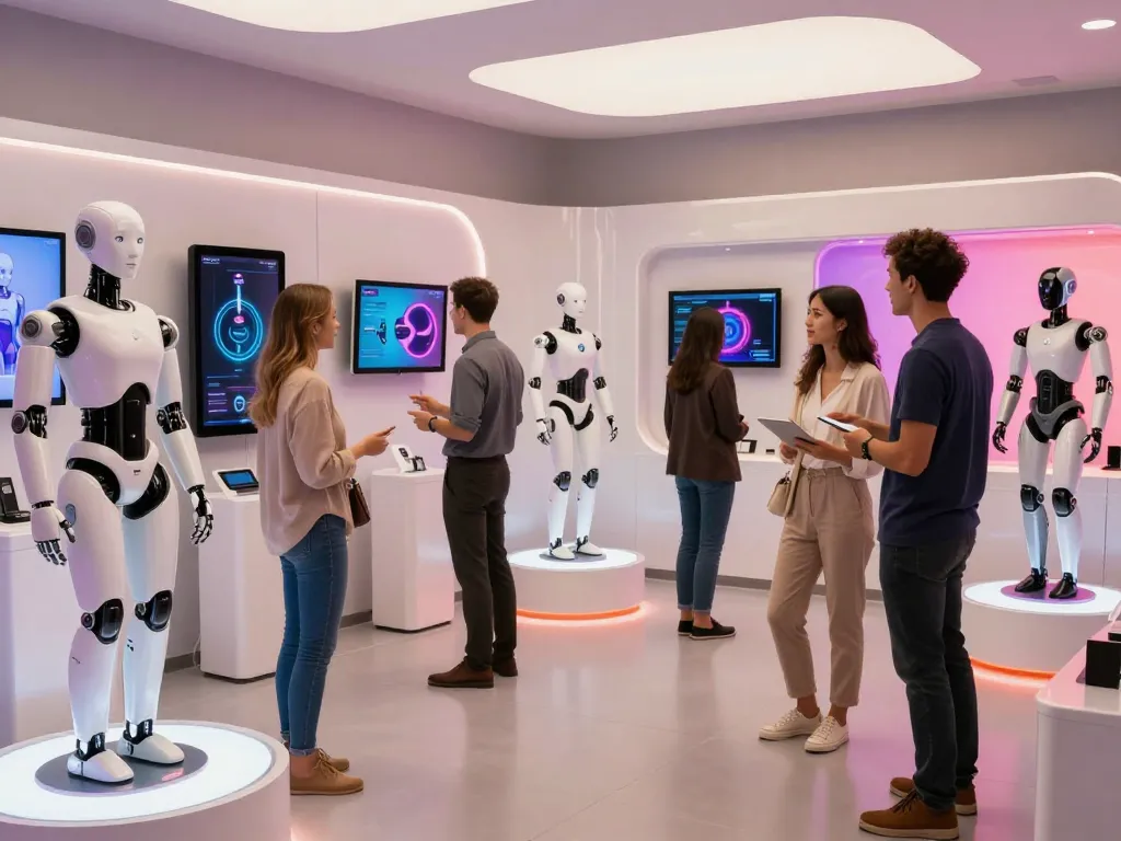 Showroom showcasing advanced sex bots with interactive features and futuristic design.