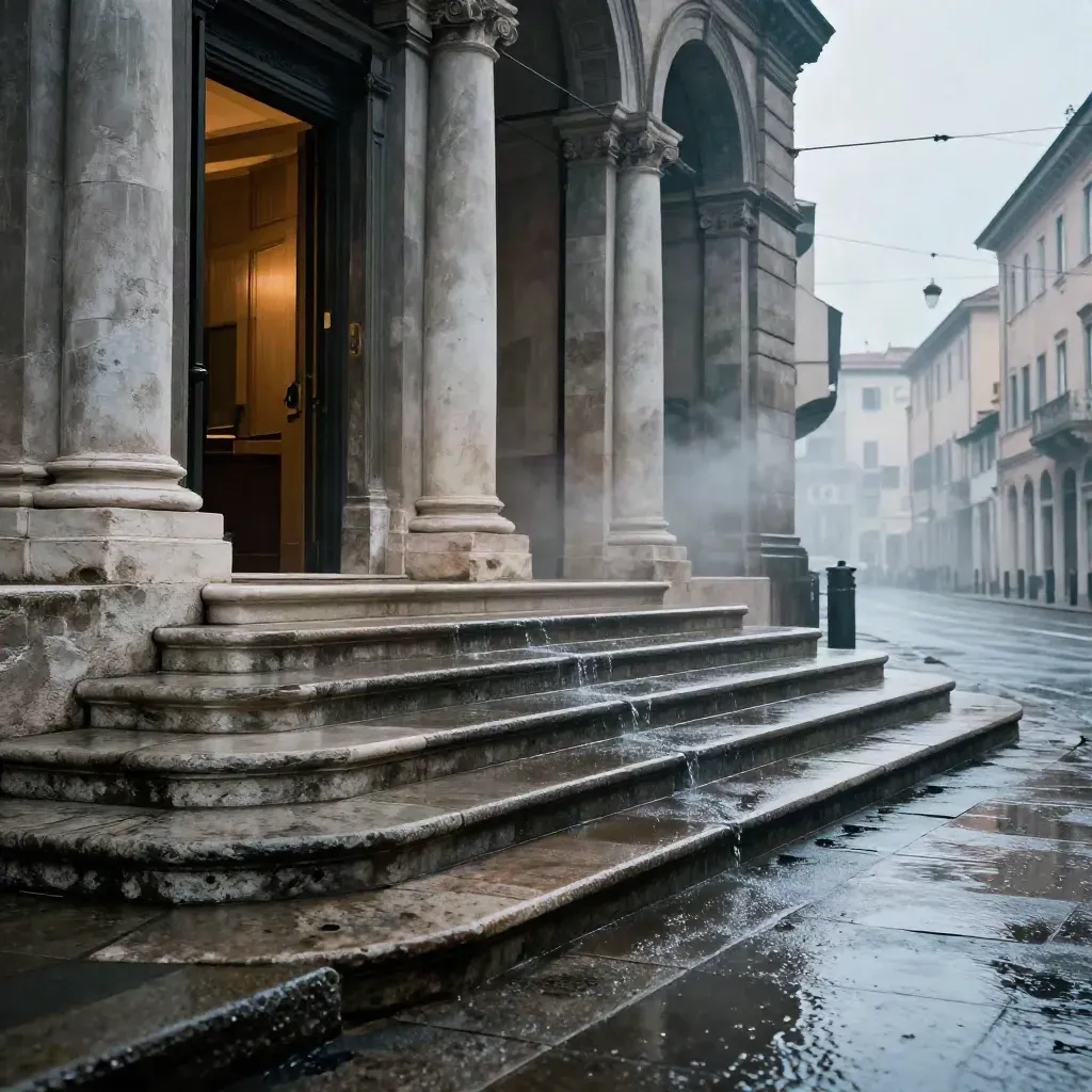 Ingresso laterale di Palazzo Marino bagnato dalla pioggia, con scale in pietra e luce calda nel portone.