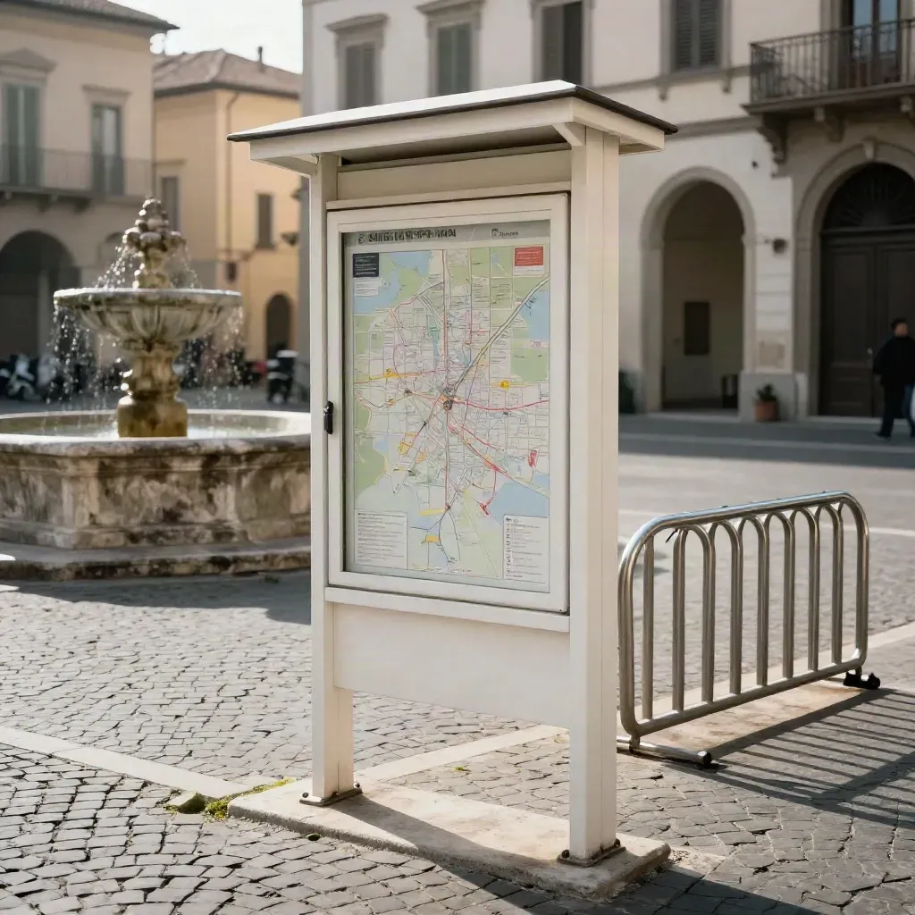 Totem mappa bianco vicino a una fontana in pietra, in una piazza storica ventosa.