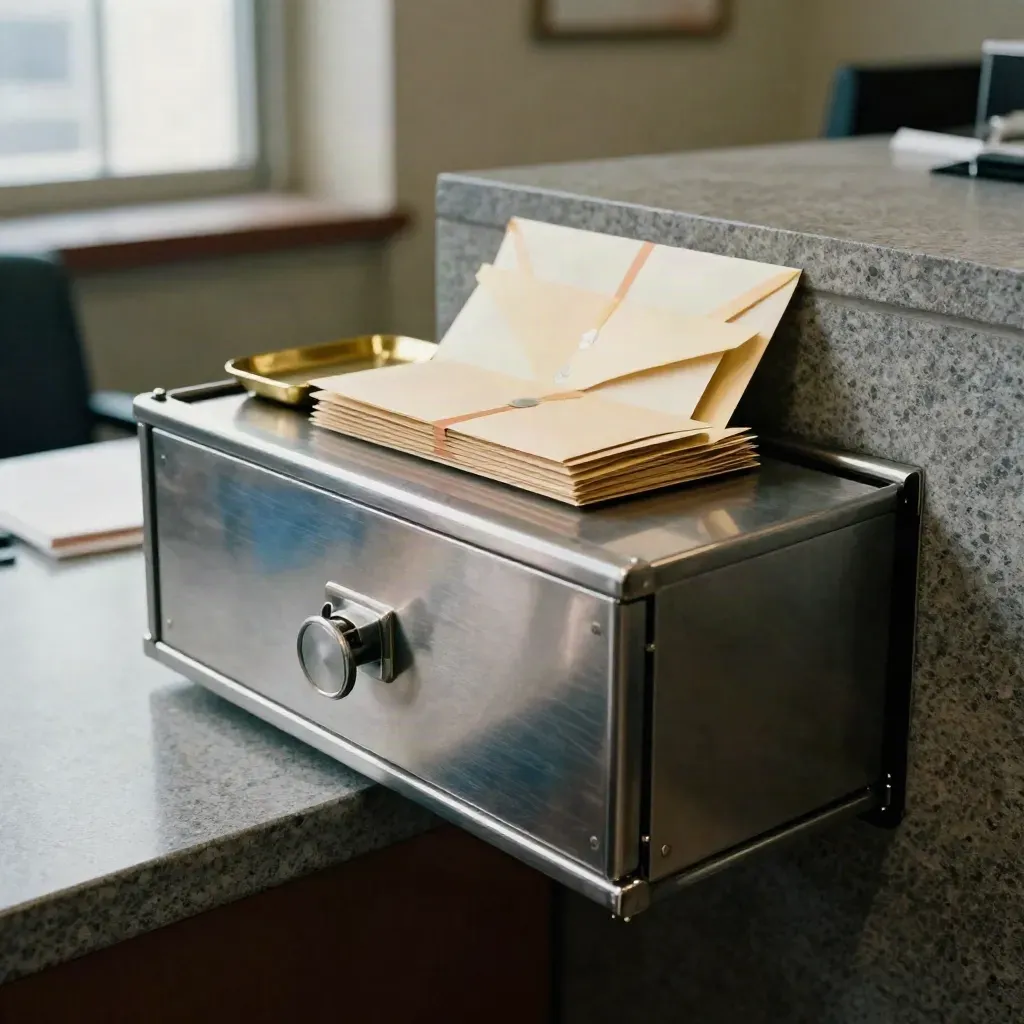 Cassetto cassa chiuso, buste sigillate e vassoio scontrini su bancone di ufficio tributi.