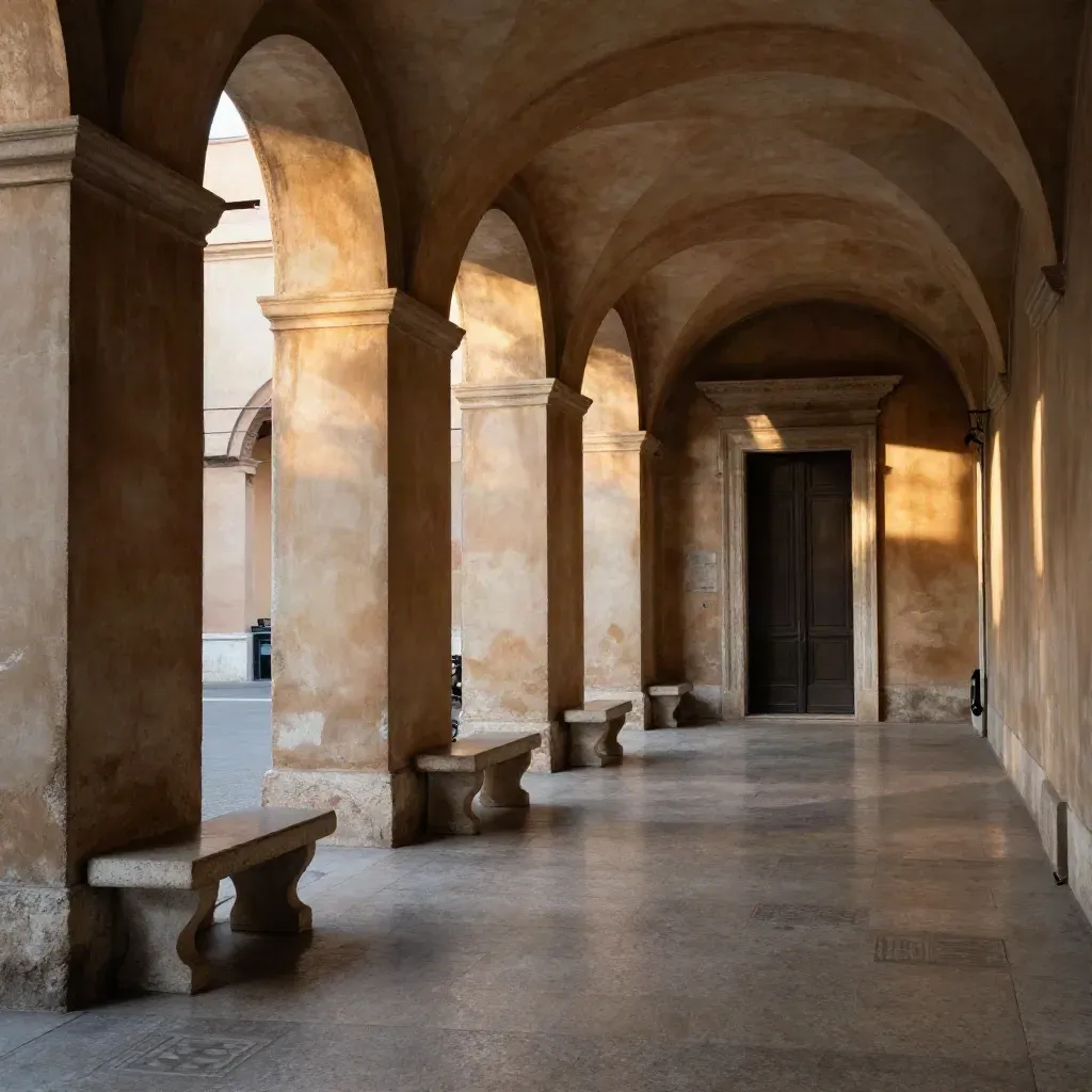 Corridoio municipale in travertino a Roma, con archi, panchine vuote e luce del pomeriggio.