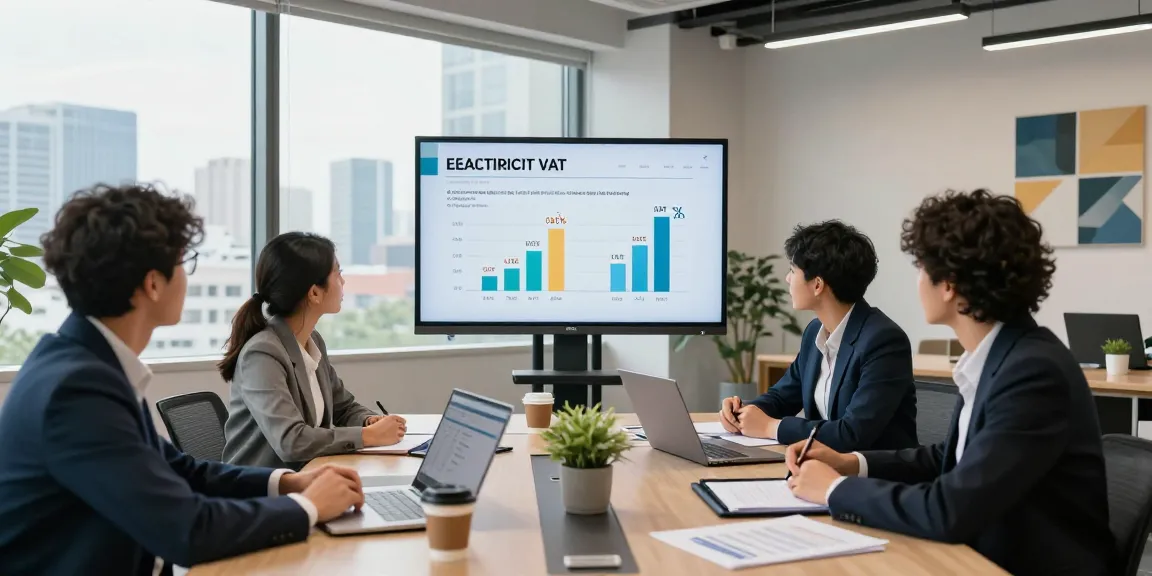 Team discussing business electricity VAT rate in a modern office setting
